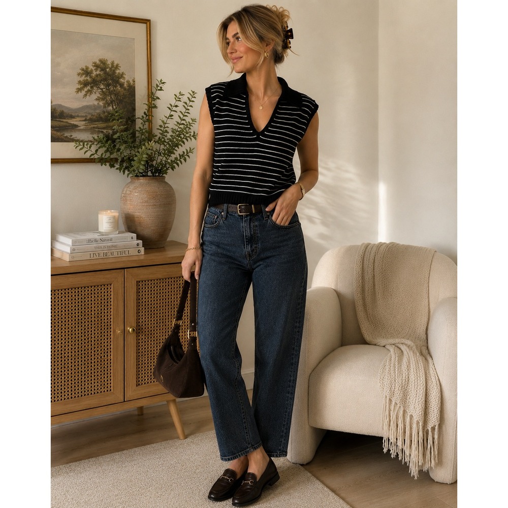 Yousify Women's Small Black & White Striped V-Neck Collared Sweater Vest